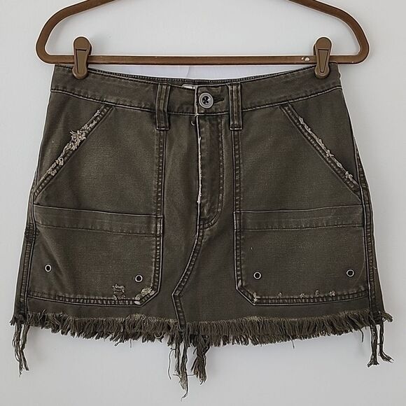 Free People Tahini Green Denim Canvas Frayed Hem Mini Skirt 27 (box12) - Picture 10 of 11